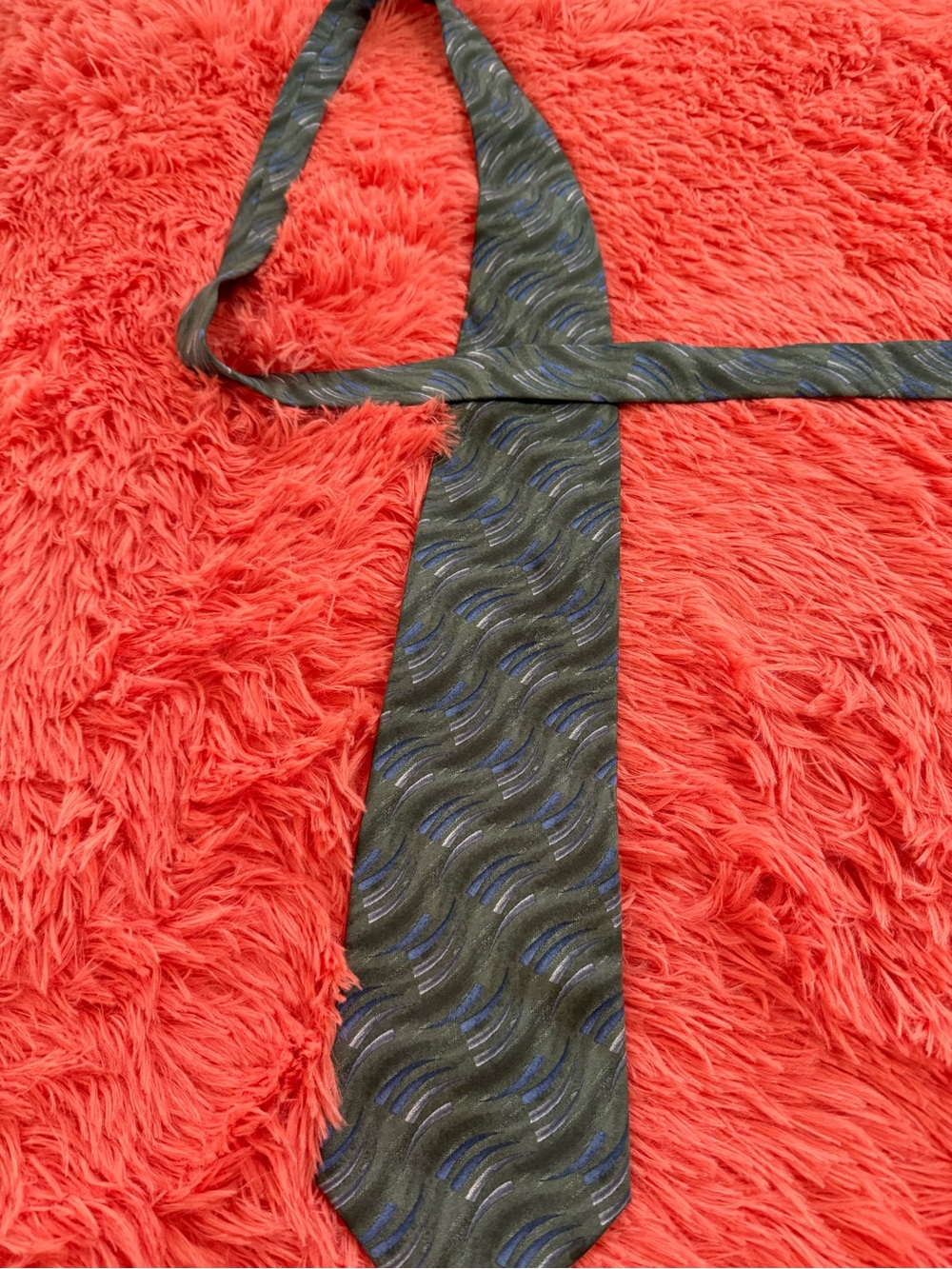 Geoffrey Beene Olive Green Tie with Blue Wave Pattern